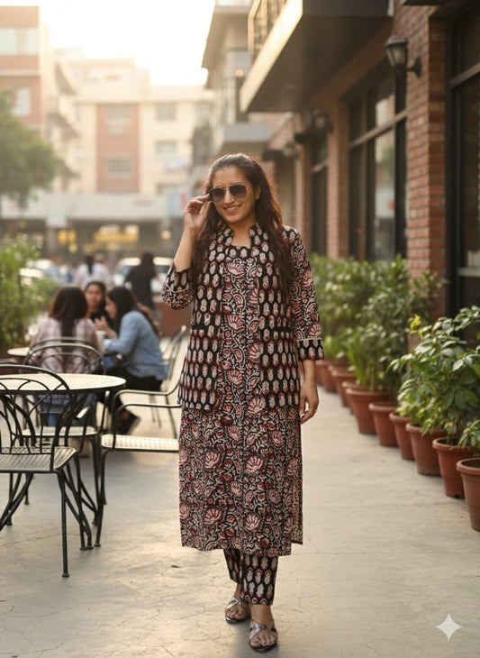 Handblock Printed Winter Kurti Pant Set with Warm Cotton Jacket | Warm Handcrafted Winter Wear