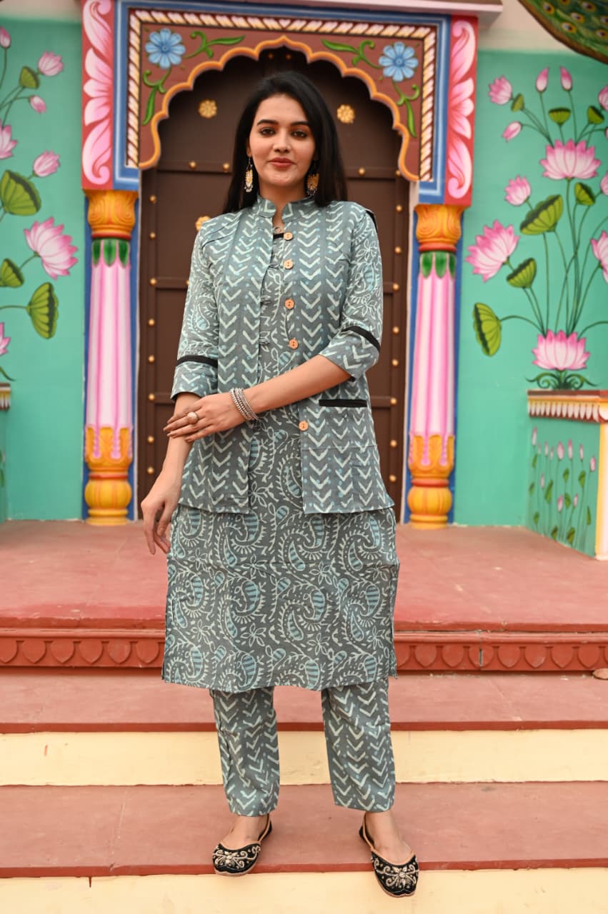 Handblock Printed Winter Kurti Pant Set with Warm Cotton Jacket | Warm Handcrafted Winter Wear