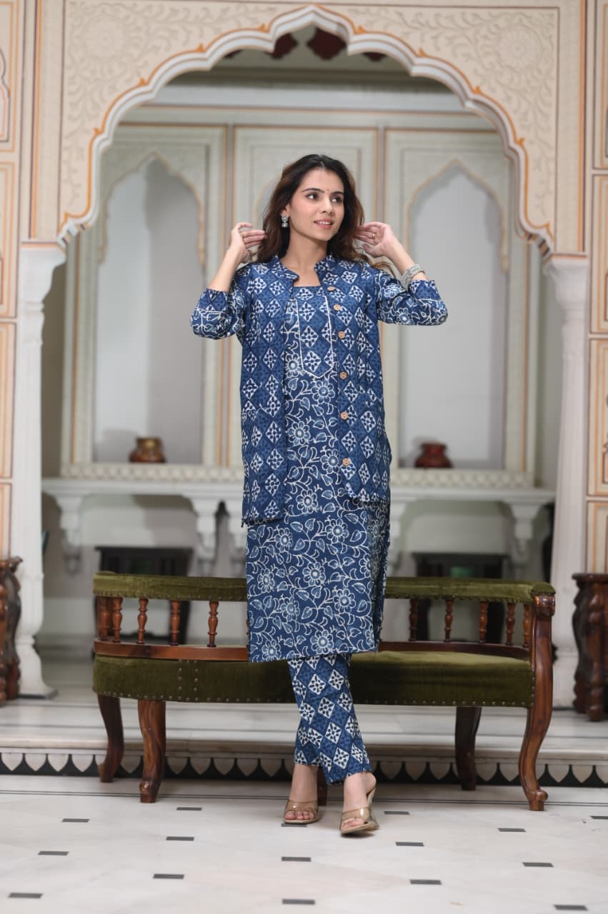 Handblock Printed Winter Kurti Pant Set with Warm Cotton Jacket | Warm Handcrafted Winter Wear