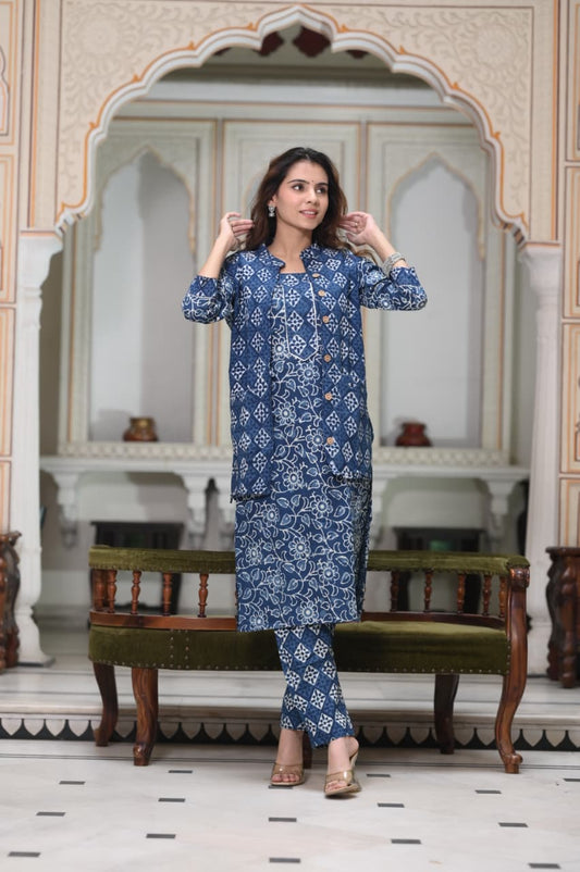 Handblock Printed Winter Kurti Pant Set with Warm Cotton Jacket | Warm Handcrafted Winter Wear