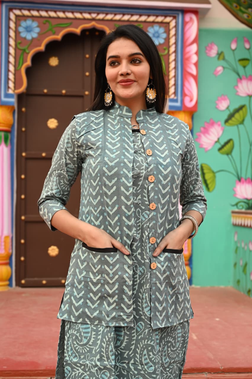 Handblock Printed Winter Kurti Pant Set with Warm Cotton Jacket | Warm Handcrafted Winter Wear