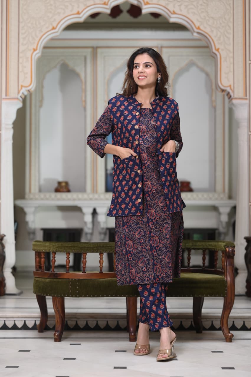 Handblock Printed Winter Kurti Pant Set with Warm Cotton Jacket | Warm Handcrafted Winter Wear