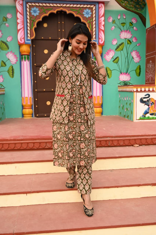 Handblock Printed Winter Kurti Pant Set with Warm Cotton Jacket | Warm Handcrafted Winter Wear