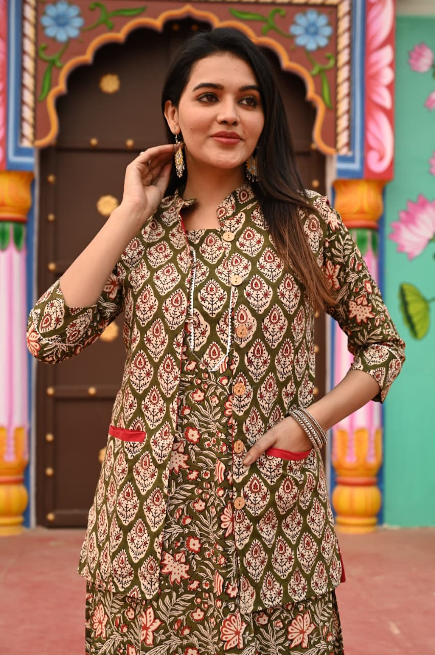 Handblock Printed Winter Kurti Pant Set with Warm Cotton Jacket | Warm Handcrafted Winter Wear