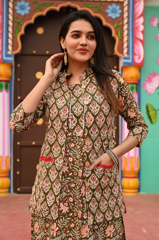 Handblock Printed Winter Kurti Pant Set with Warm Cotton Jacket | Warm Handcrafted Winter Wear