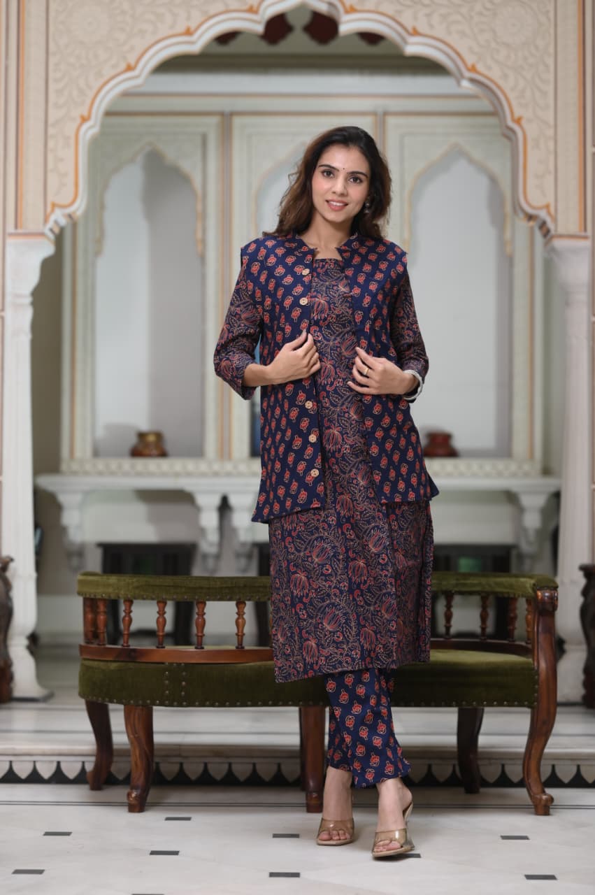 Handblock Printed Winter Kurti Pant Set with Warm Cotton Jacket | Warm Handcrafted Winter Wear