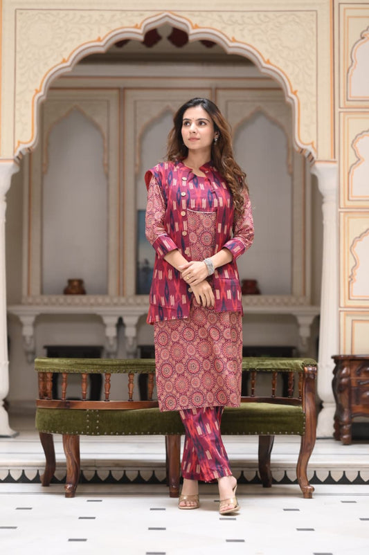 Handblock Printed Winter Kurti Pant Set with Warm Cotton Jacket | Warm Handcrafted Winter Wear