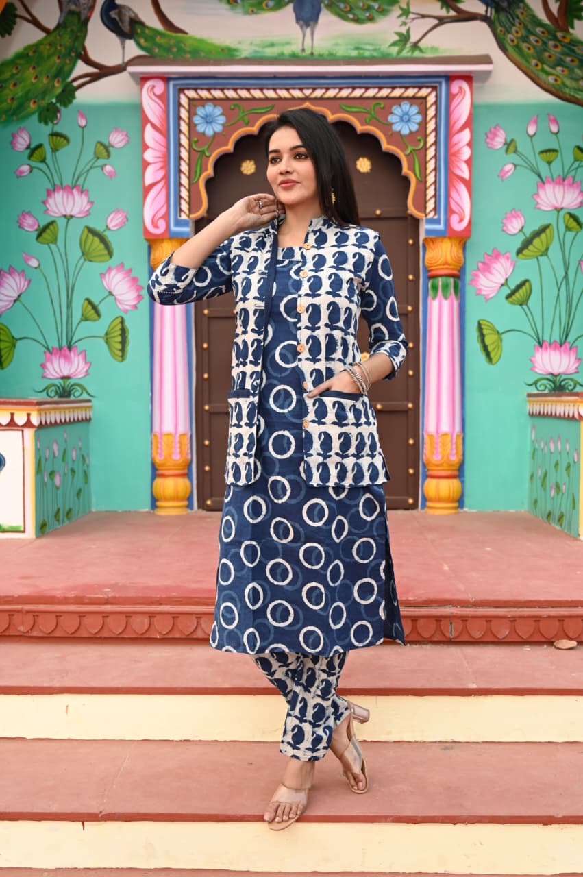 Handblock Printed Winter Kurti Pant Set with Warm Cotton Jacket | Warm Handcrafted Winter Wear