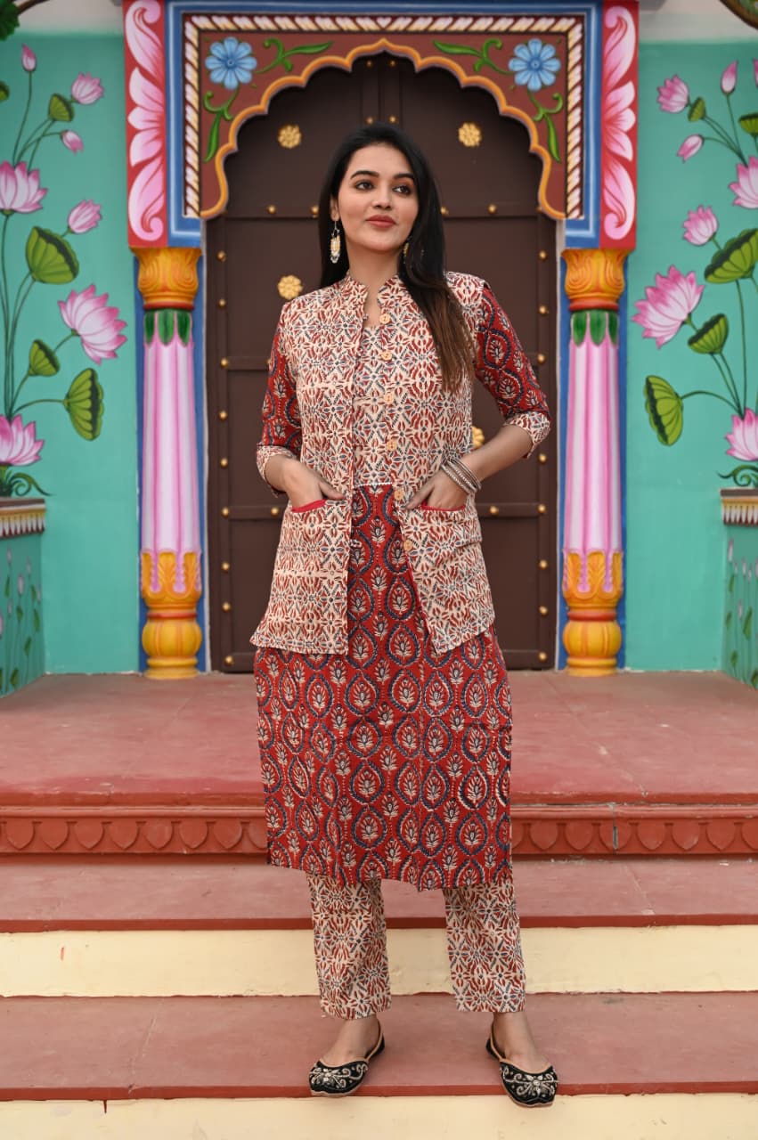 Handblock Printed Winter Kurti Pant Set with Warm Cotton Jacket | Warm Handcrafted Winter Wear