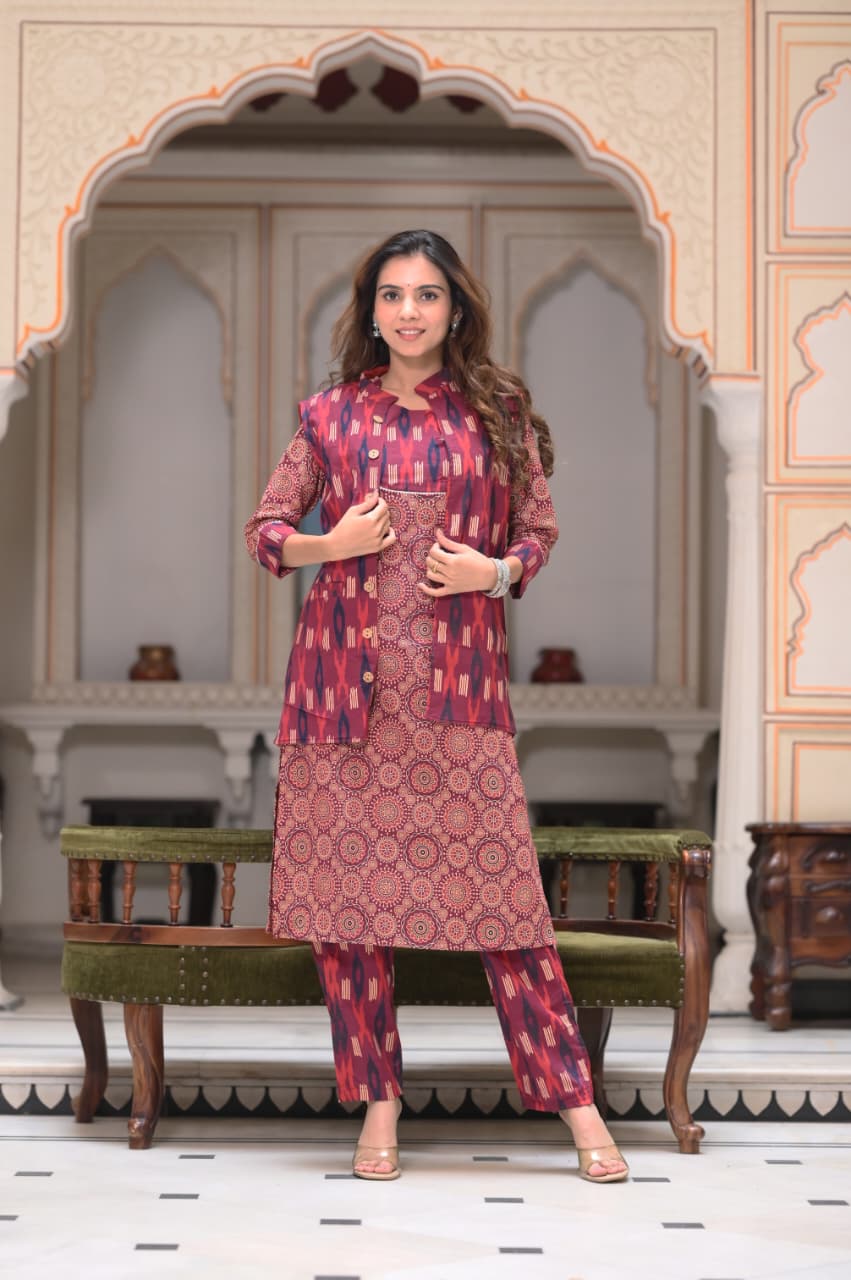 Handblock Printed Winter Kurti Pant Set with Warm Cotton Jacket | Warm Handcrafted Winter Wear