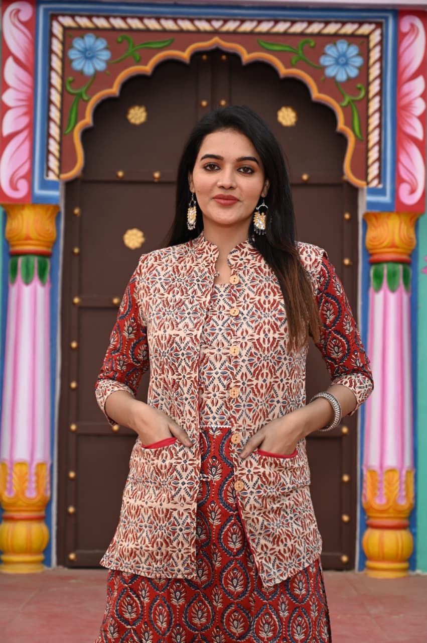 Handblock Printed Winter Kurti Pant Set with Warm Cotton Jacket | Warm Handcrafted Winter Wear
