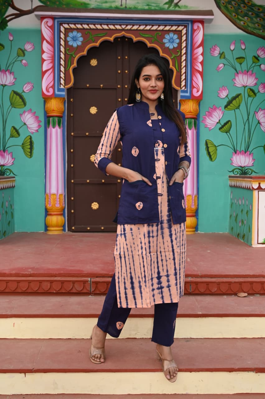 Handblock Printed Winter Kurti Pant Set with Warm Cotton Jacket | Warm Handcrafted Winter Wear