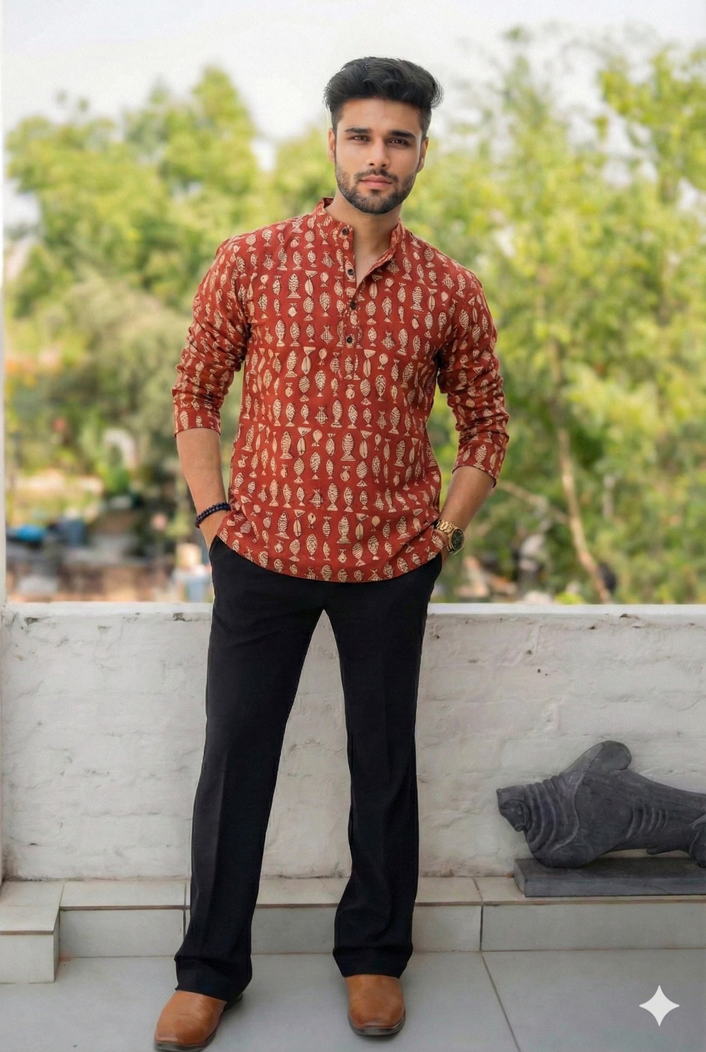 Handblock Printed Cotton Men’s Short Kurta – Premium Fit | Mandrain Collar | XS–8XL