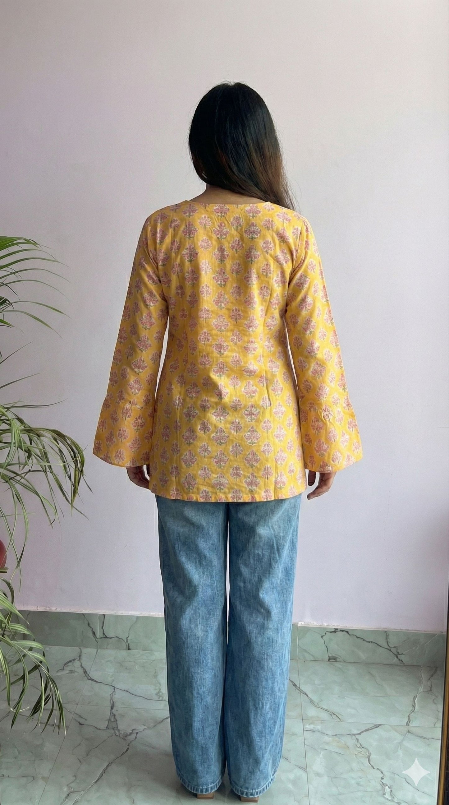 Handcrafted Handblock Cotton Bell Sleeve V-Neck Top – Stylish Short Top for Daily Wear