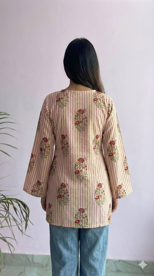 Handcrafted Handblock Cotton Bell Sleeve V-Neck Top – Stylish Short Top for Daily Wear