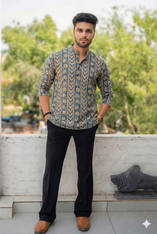 Handblock Printed Cotton Men’s Short Kurta – Premium Fit | Mandrain Collar | XS–8XL