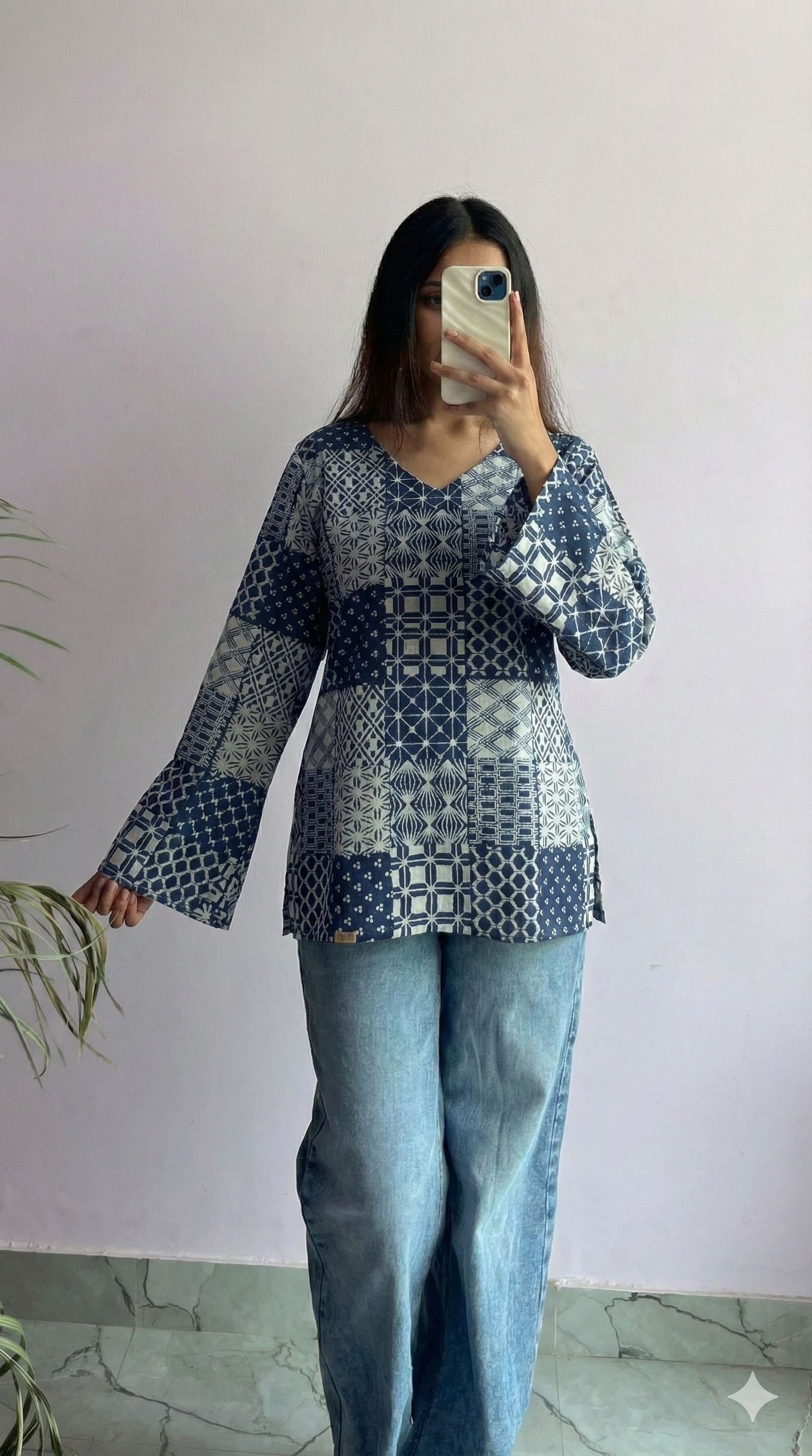 Handcrafted Handblock Cotton Bell Sleeve V-Neck Top – Stylish Short Top for Daily Wear