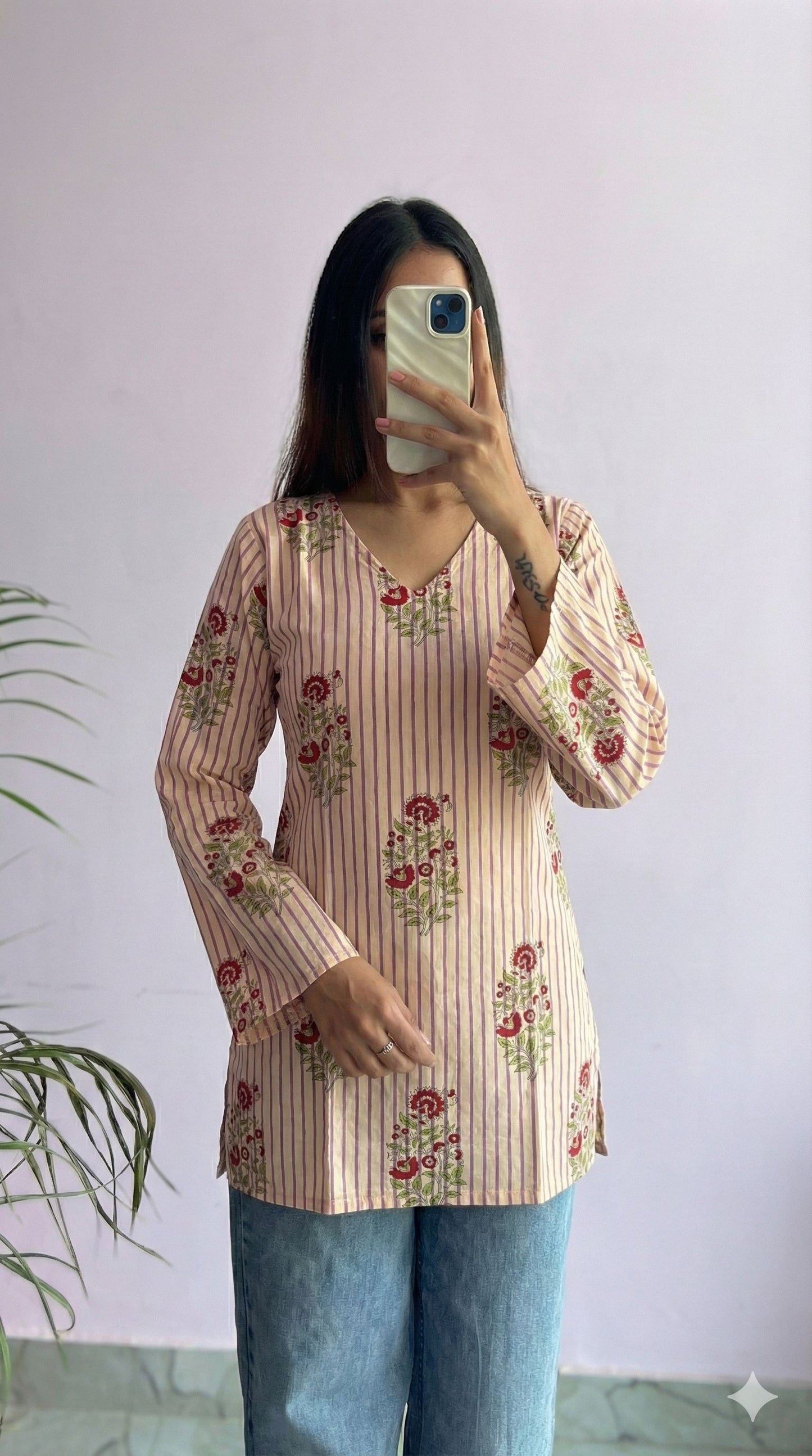 Handcrafted Handblock Cotton Bell Sleeve V-Neck Top – Stylish Short Top for Daily Wear