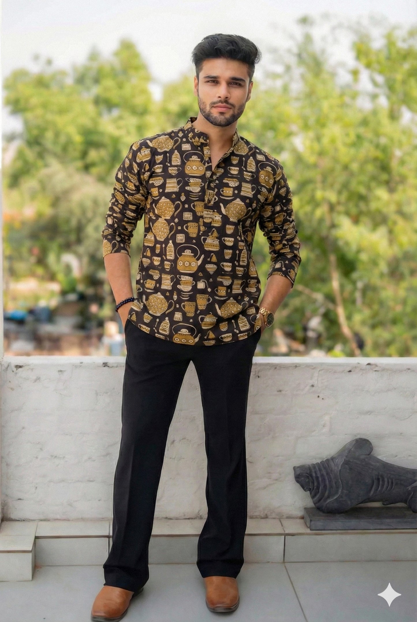 Handblock Printed Cotton Men’s Short Kurta – Premium Fit | Mandrain Collar | XS–8XL