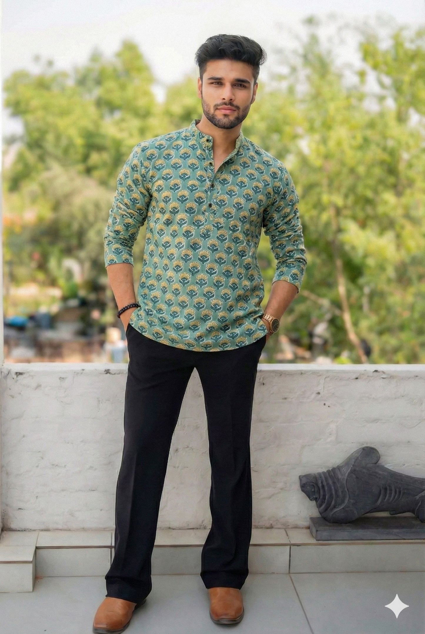 Handblock Printed Cotton Men’s Short Kurta – Premium Fit | Mandrain Collar | XS–8XL