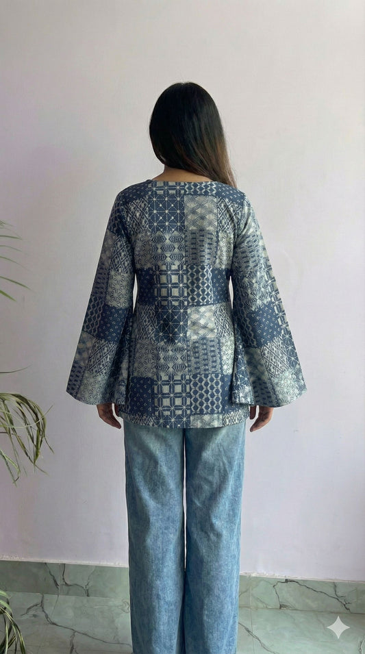 Handcrafted Handblock Cotton Bell Sleeve V-Neck Top – Stylish Short Top for Daily Wear