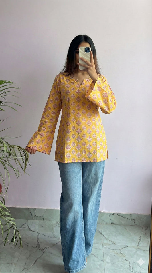 Handcrafted Handblock Cotton Bell Sleeve V-Neck Top – Stylish Short Top for Daily Wear