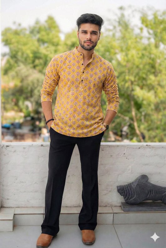 Handblock Printed Cotton Men’s Short Kurta – Premium Fit | Mandrain Collar | XS–8XL