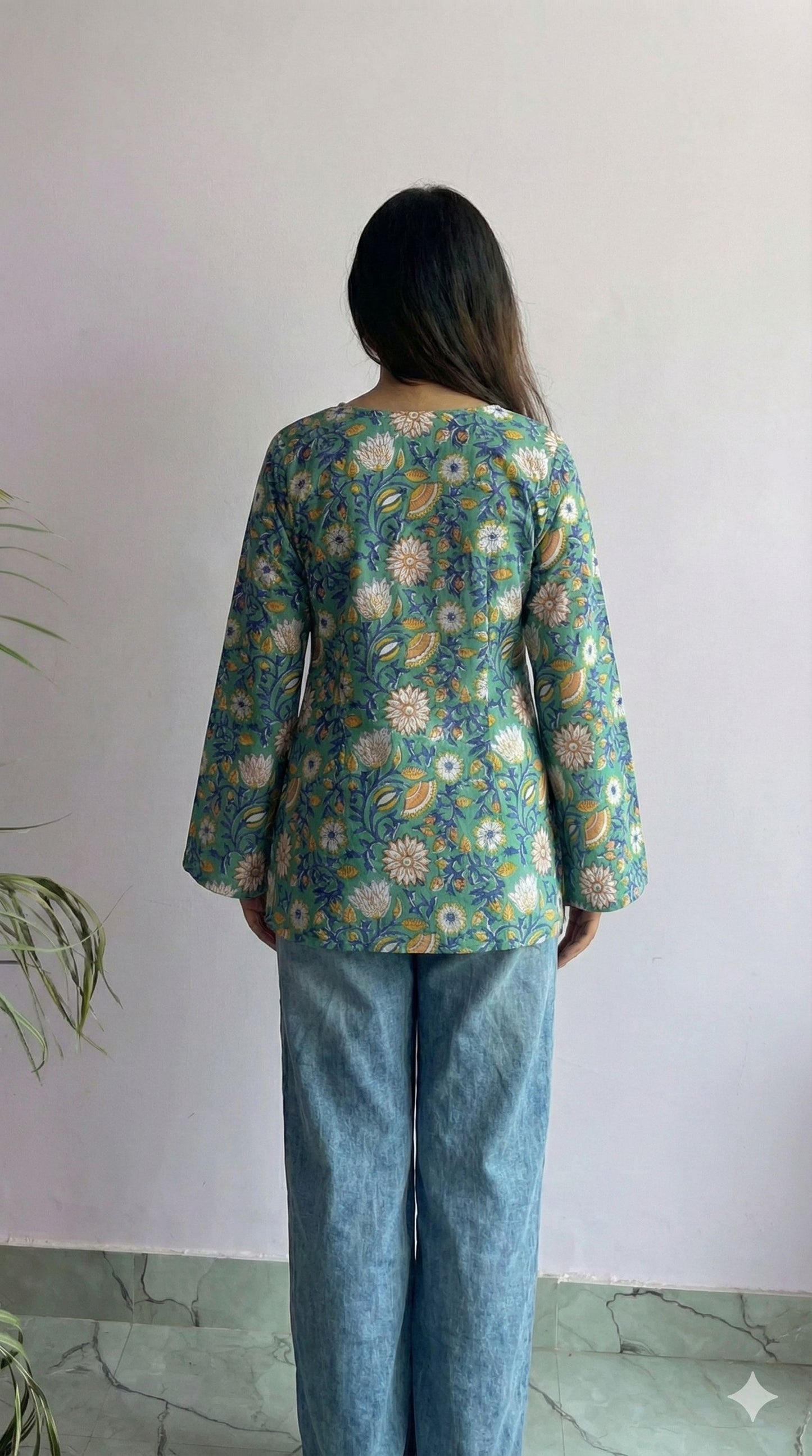 Handcrafted Handblock Cotton Bell Sleeve V-Neck Top – Stylish Short Top for Daily Wear