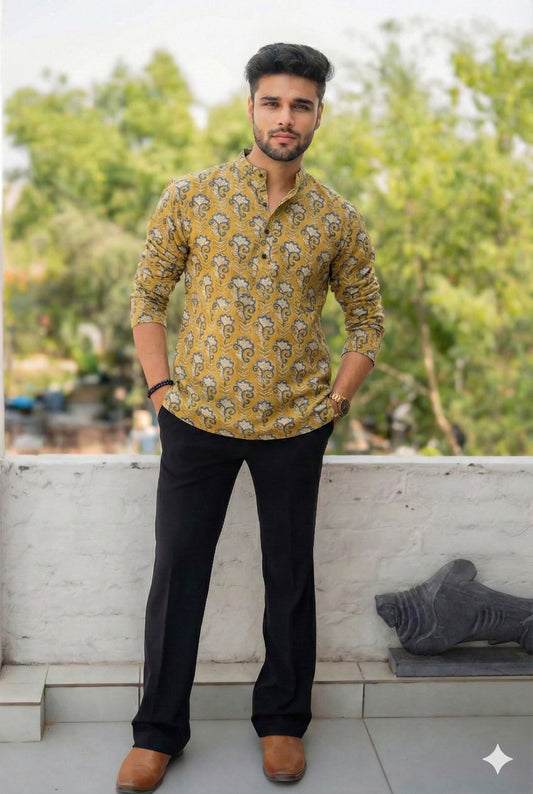 Handblock Printed Cotton Men’s Short Kurta – Premium Fit | Mandrain Collar | XS–8XL