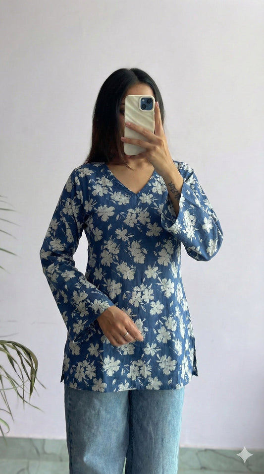 Handcrafted Handblock Cotton Bell Sleeve V-Neck Top – Stylish Short Top for Daily Wear