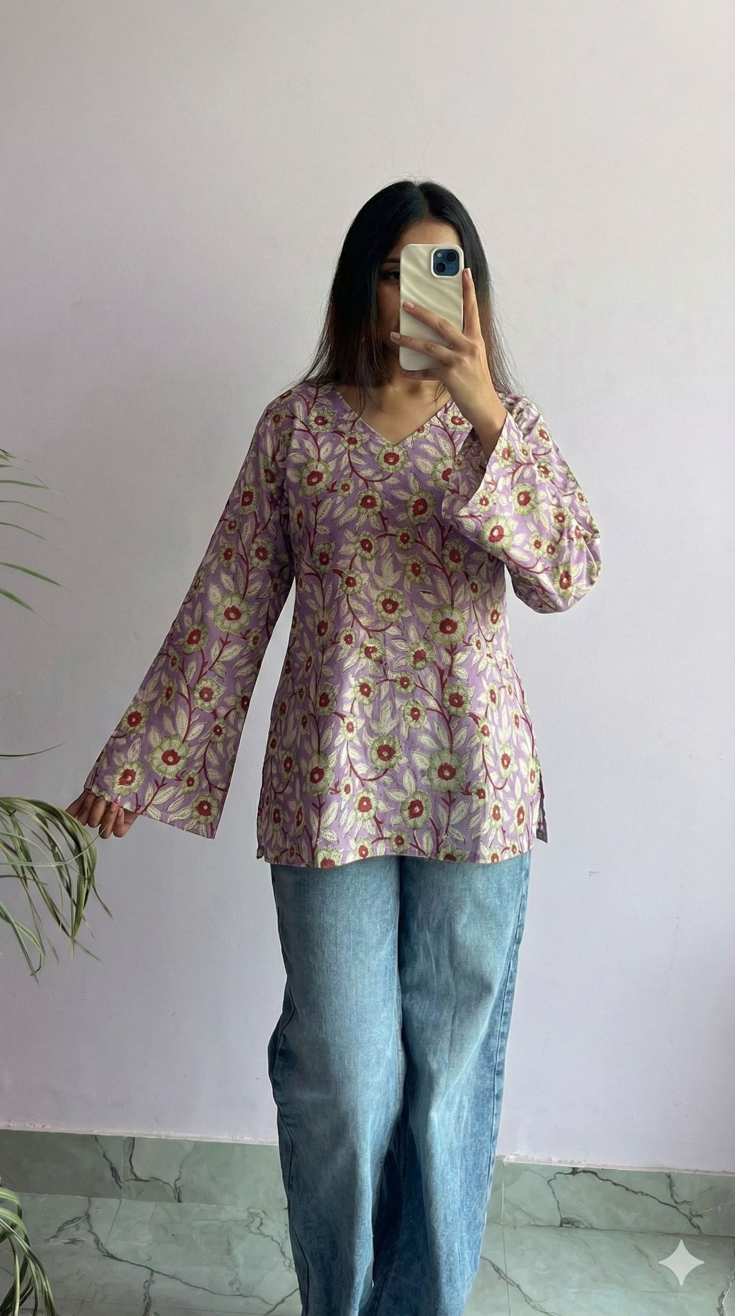 Handcrafted Handblock Cotton Bell Sleeve V-Neck Top – Stylish Short Top for Daily Wear