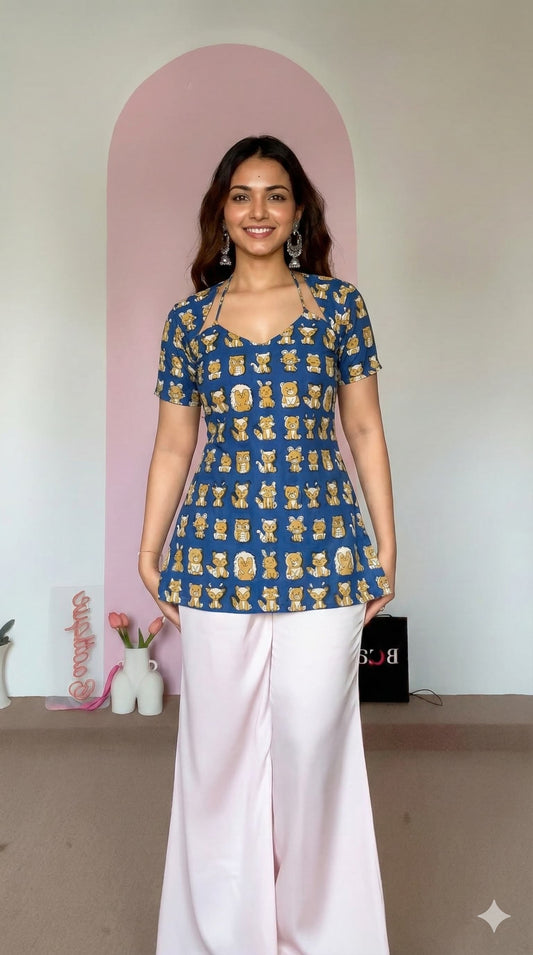 Trending Laila Corset in Pure Handblock Cotton | Adjustable Back Lace & Neck Tie | Sizes XS to 7XL | Handmade by House of the Handblock Jaipur