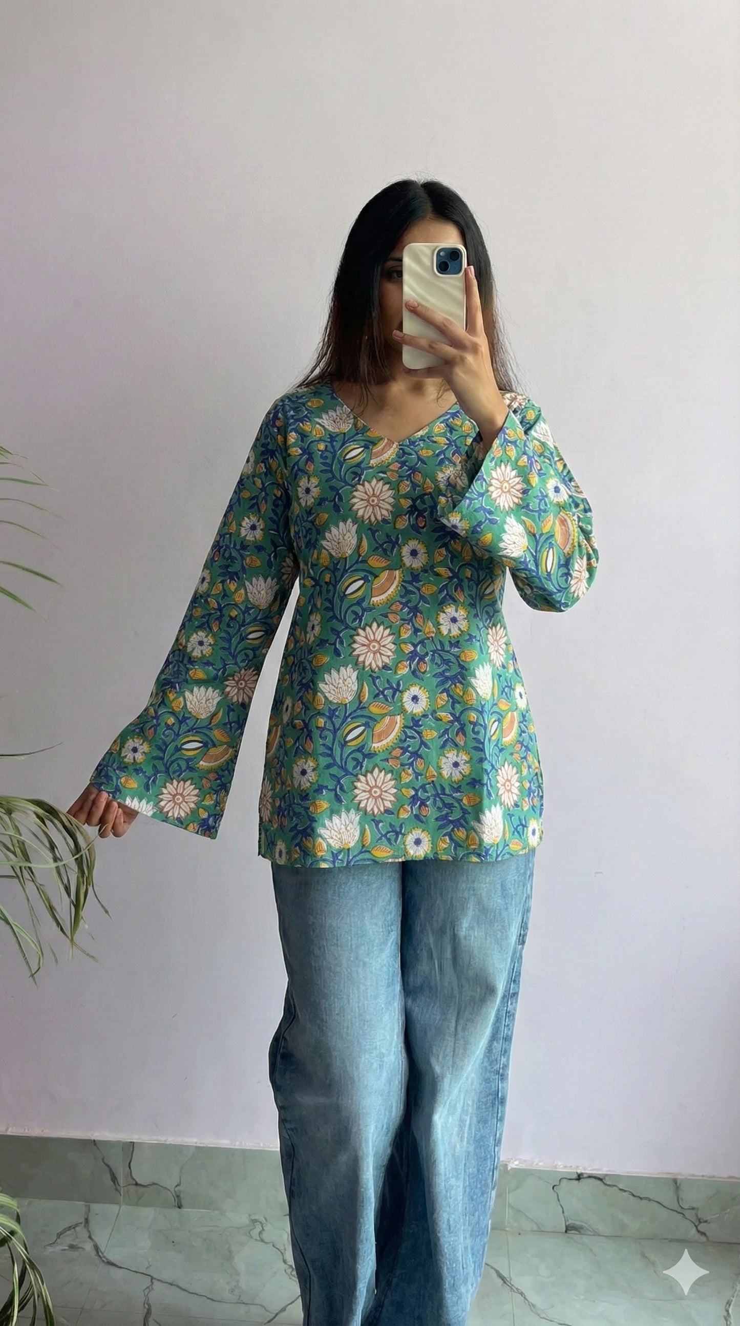 Handcrafted Handblock Cotton Bell Sleeve V-Neck Top – Stylish Short Top for Daily Wear