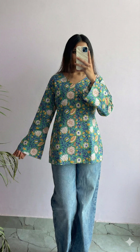 Handcrafted Handblock Cotton Bell Sleeve V-Neck Top – Stylish Short Top for Daily Wear