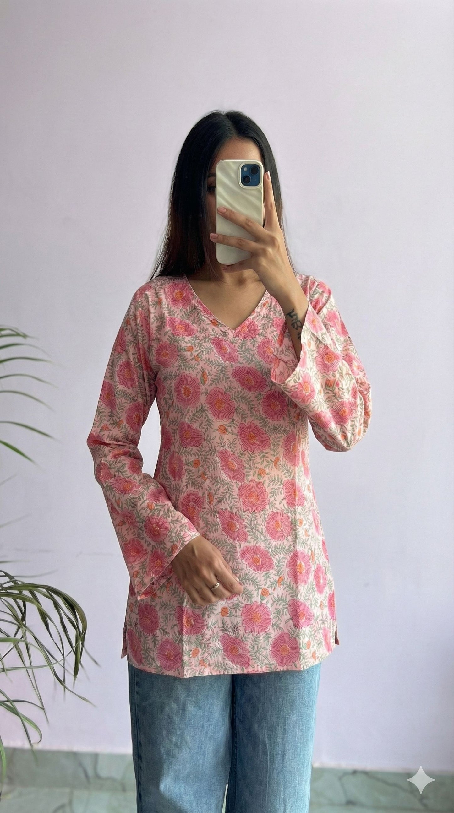 Handcrafted Handblock Cotton Bell Sleeve V-Neck Top – Stylish Short Top for Daily Wear