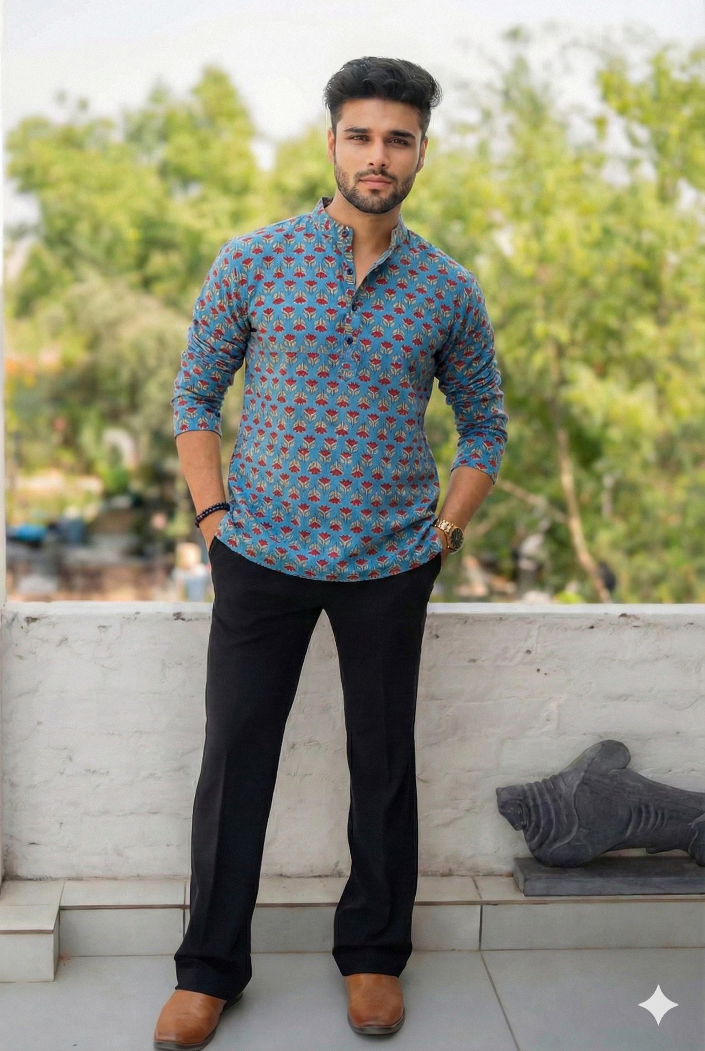 Handblock Printed Cotton Men’s Short Kurta – Premium Fit | Mandrain Collar | XS–8XL