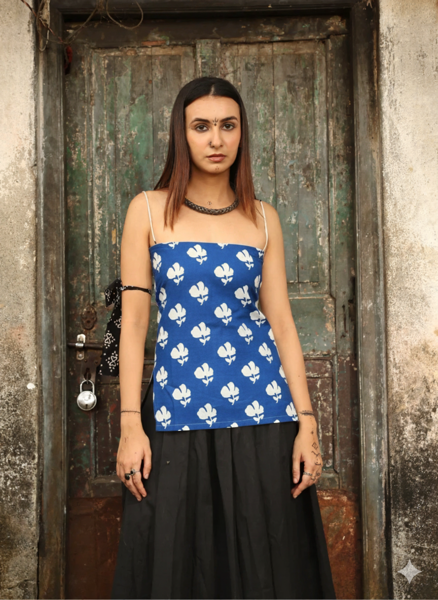 Trendy Corset Sleeveless Short Cotton Top with Back Ties | House of the Handblock