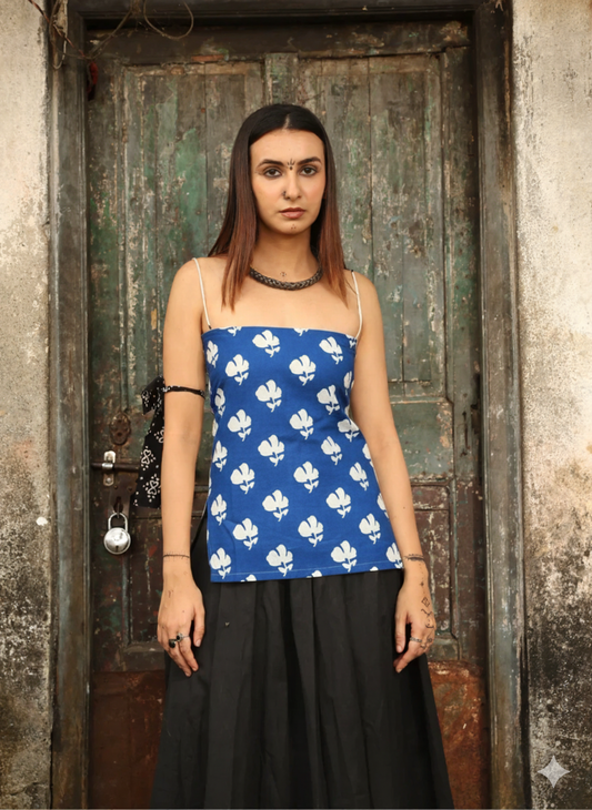 Trendy Corset Sleeveless Short Cotton Top with Back Ties | House of the Handblock