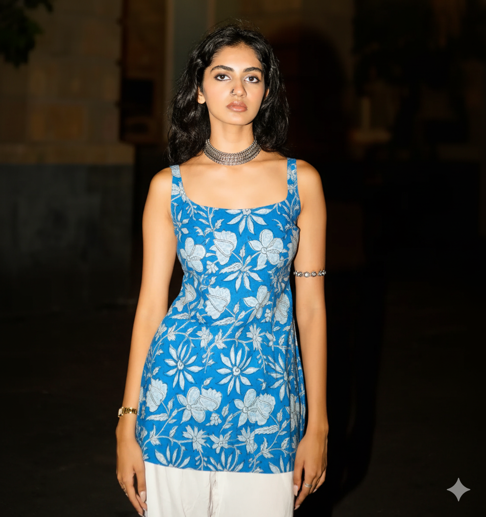 Trendy Corset Sleeveless Short Cotton Top with Back Ties | House of the Handblock