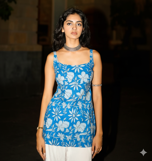 Trendy Corset Sleeveless Short Cotton Top with Back Ties | House of the Handblock