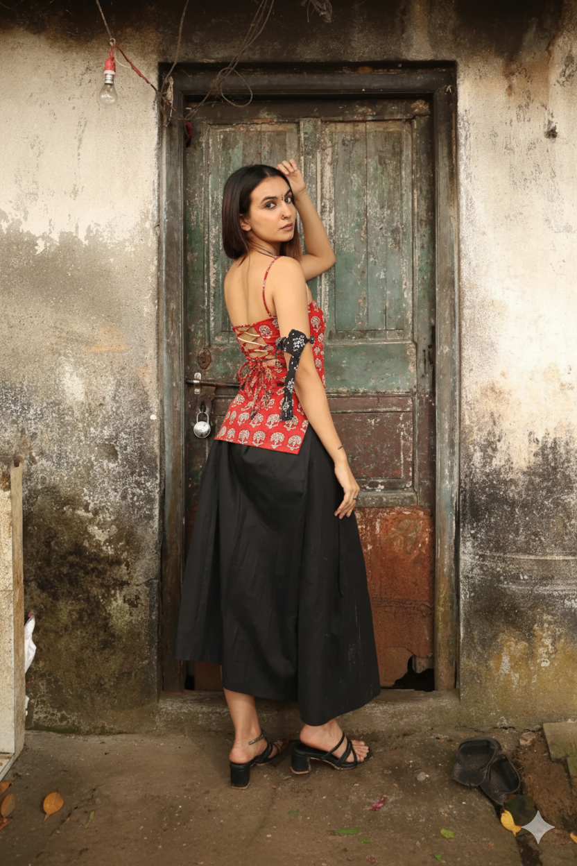 Trendy Corset Sleeveless Short Cotton Top with Back Ties | House of the Handblock