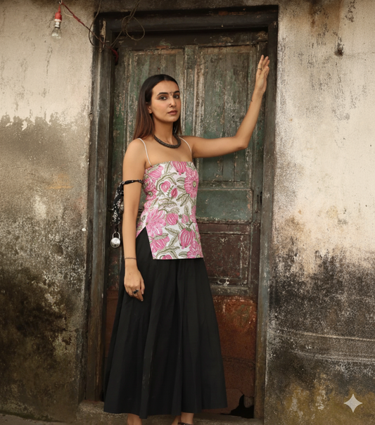 Trendy Corset Sleeveless Short Cotton Top with Back Ties | House of the Handblock