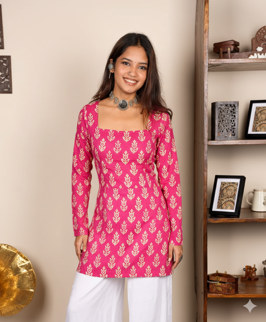 Corset Style Full-Sleeveless Handblock Cotton Kurta | House of the Handblock