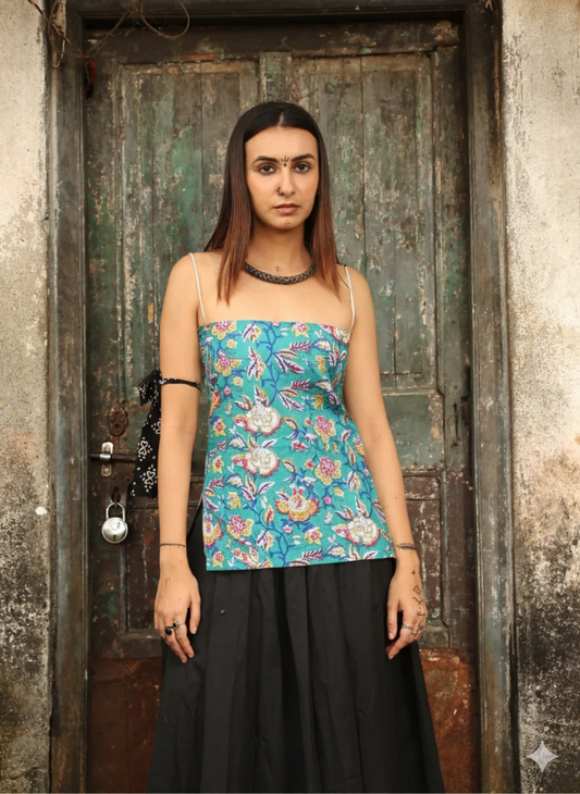 Trendy Corset Sleeveless Short Cotton Top with Back Ties | House of the Handblock