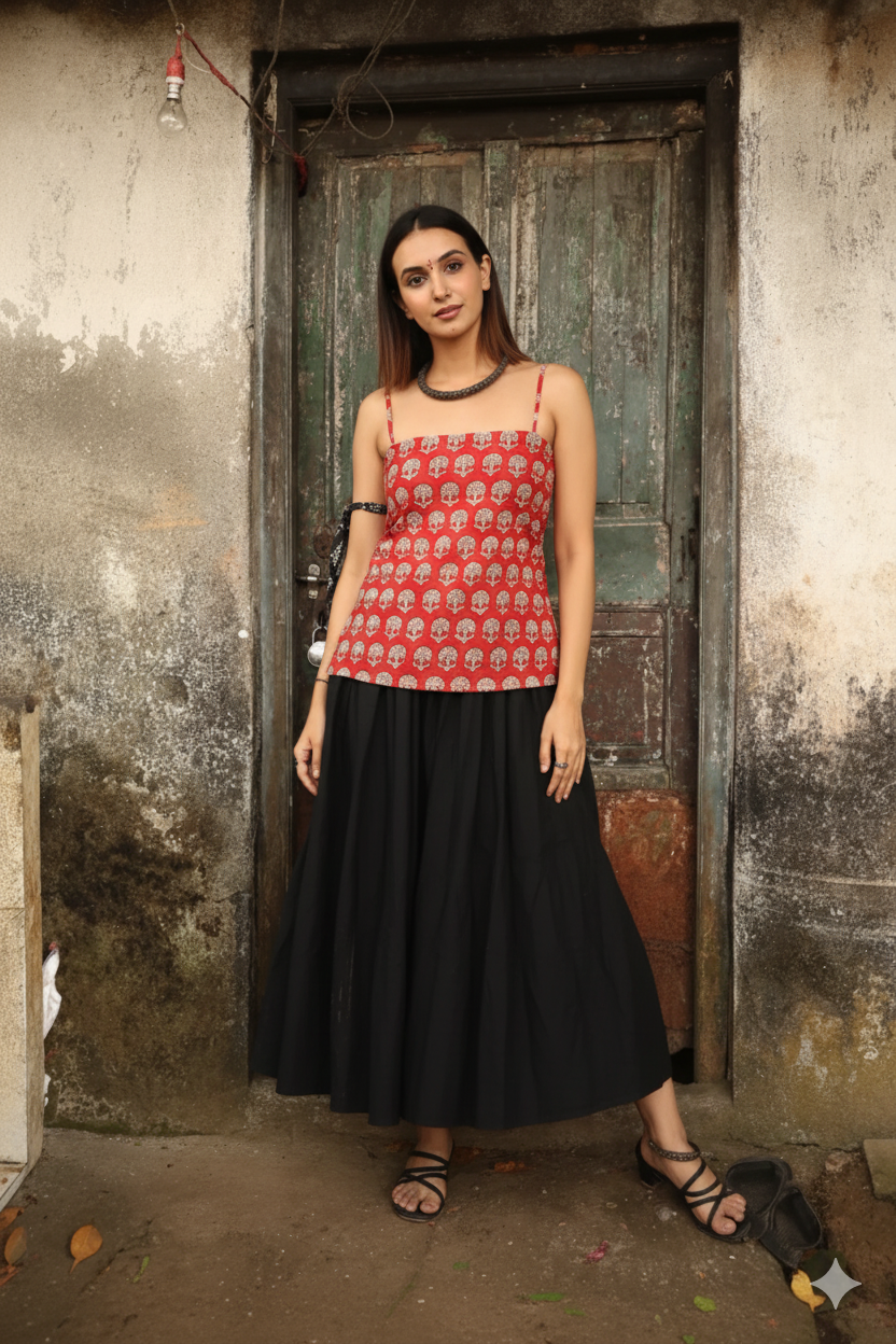 Trendy Corset Sleeveless Short Cotton Top with Back Ties | House of the Handblock