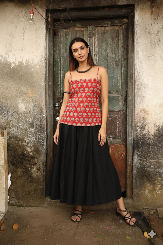 Trendy Corset Sleeveless Short Cotton Top with Back Ties | House of the Handblock