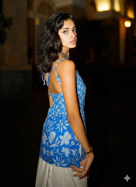 Trendy Corset Sleeveless Short Cotton Top with Back Ties | House of the Handblock