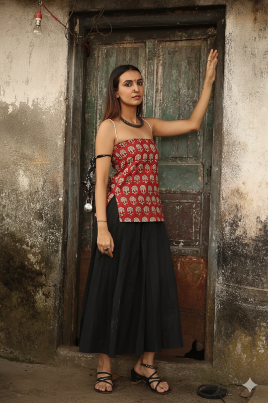 Trendy Corset Sleeveless Short Cotton Top with Back Ties | House of the Handblock