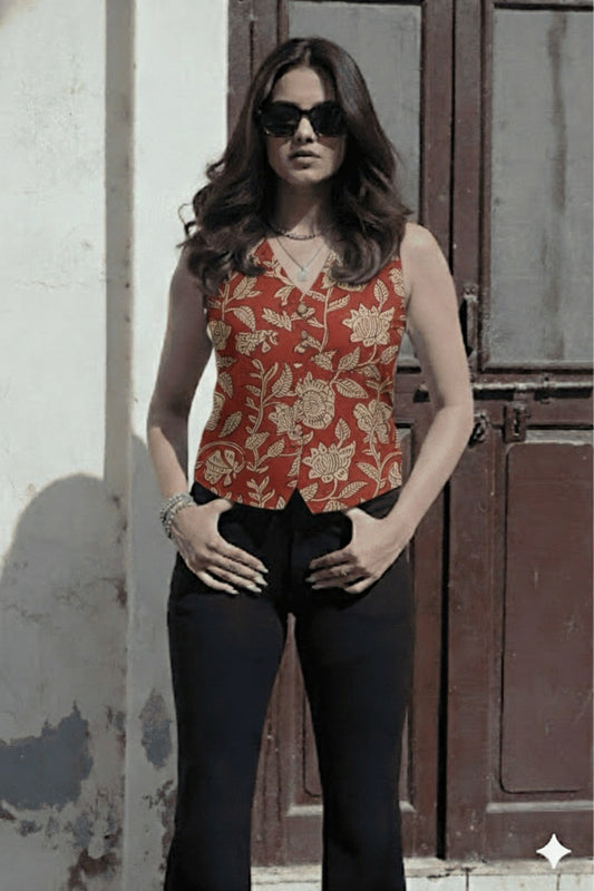 Handblock Printed Women’s Corset Waistcoat Vest – Sleeveless V-Neck Short Top | Perfect Fit | House of the Handblock