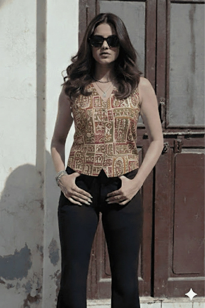 Handblock Printed Women’s Corset Waistcoat Vest – Sleeveless V-Neck Short Top | Perfect Fit | House of the Handblock